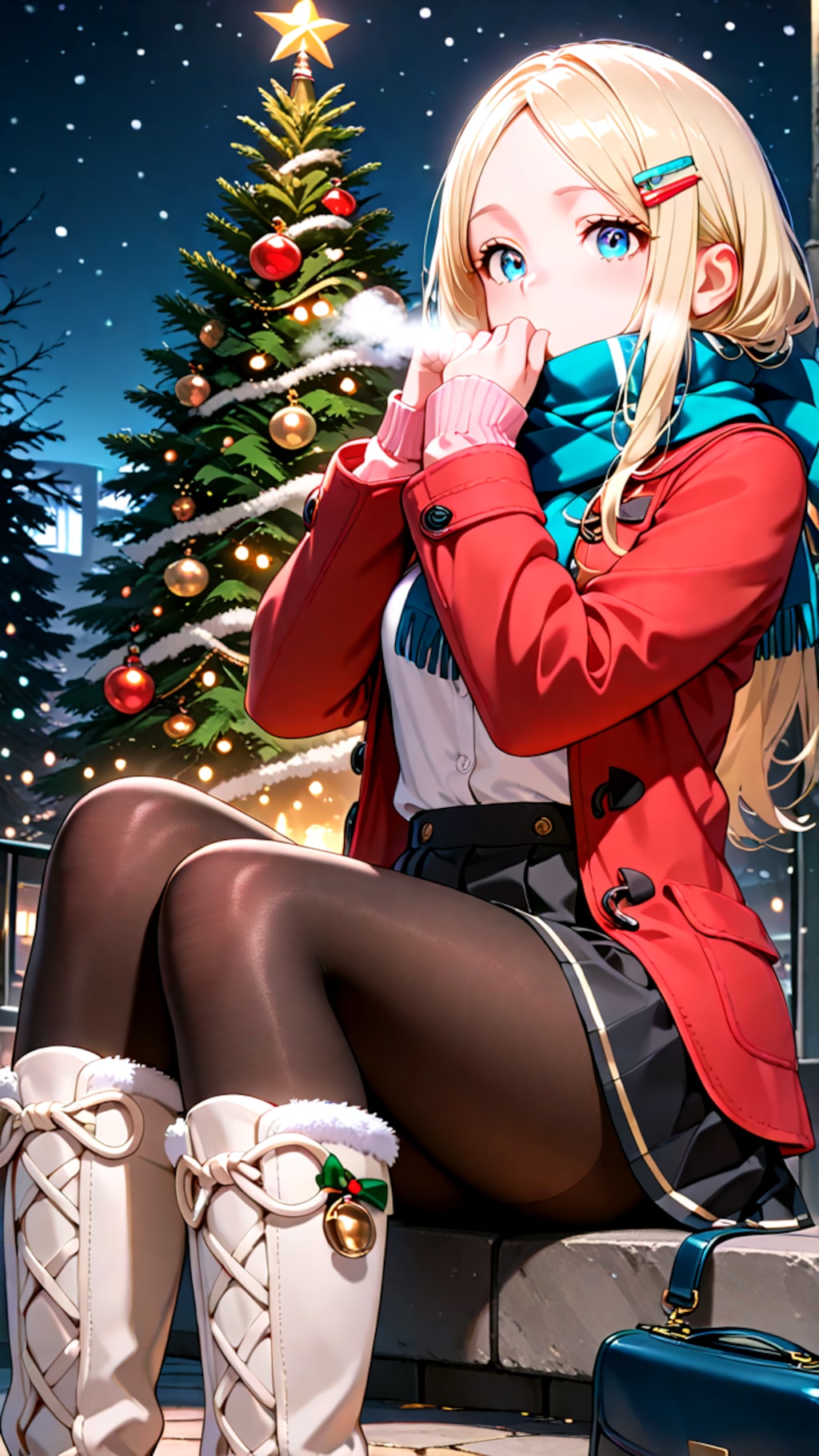 クリスマスデートで座って待っている幼馴染彼女