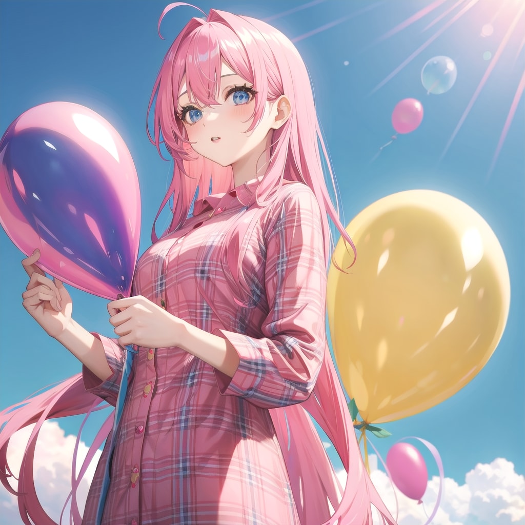 色とりどりの風船を持つチェック柄パジャマ着たピンク髪ロングの美女 | の人気AIイラスト・グラビア