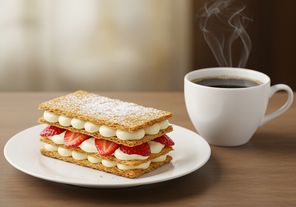 デザートの苺のミルフィーユと珈琲のセット