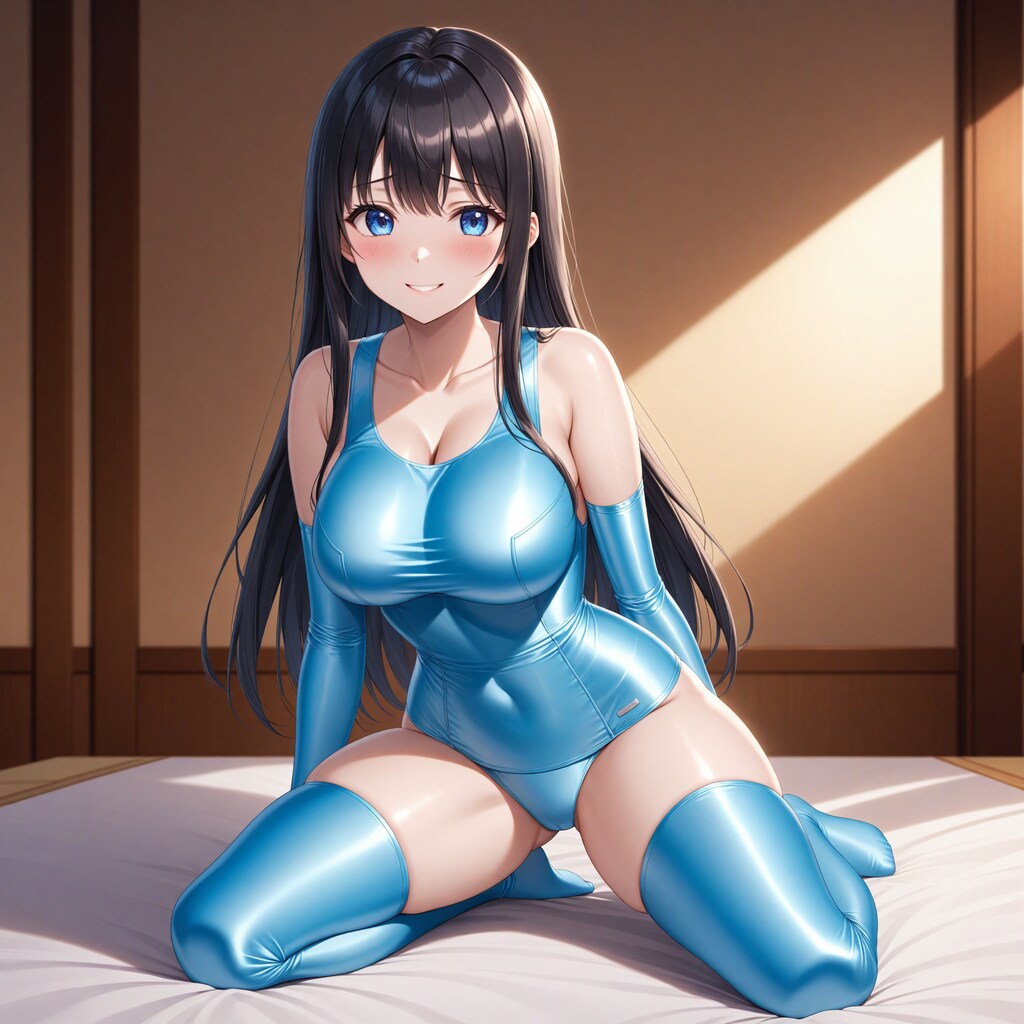光沢空色旧型スクール水着長手袋サイハイソックス