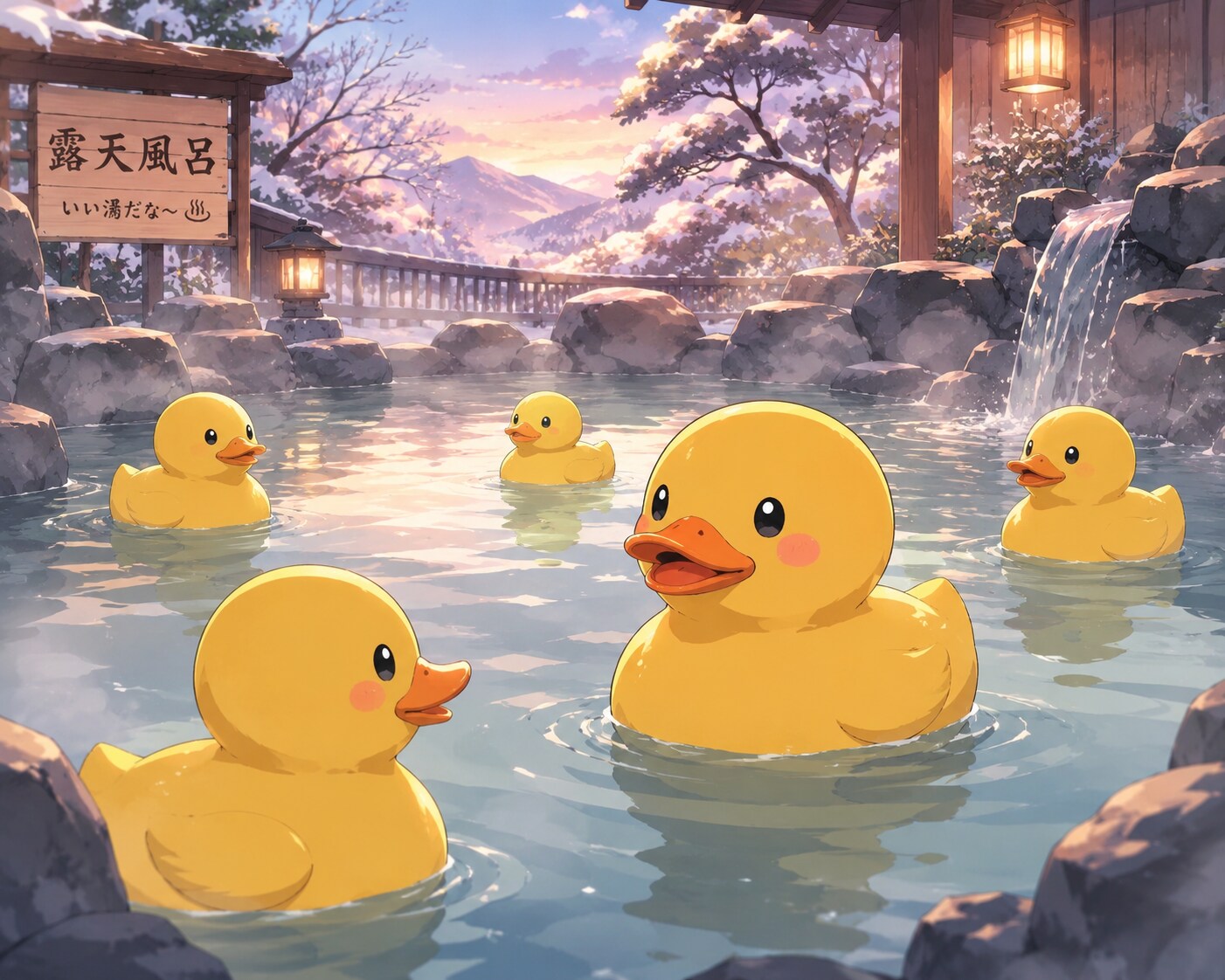 温泉を楽しむゴムアヒルちゃん達…と看板ちゃん？