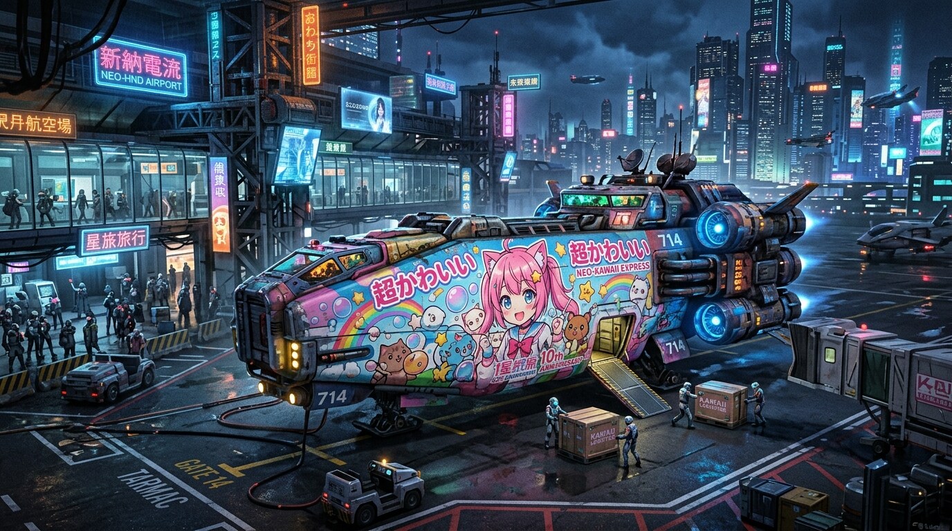 『サイバーパンク。空港。非常に可愛らしいアニメ塗装の輸送船。』 | の人気AIイラスト・グラビア