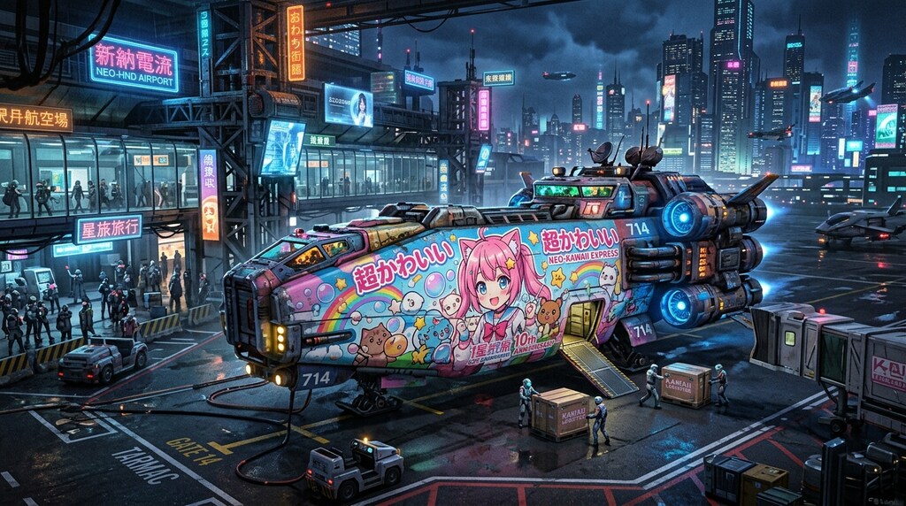 『サイバーパンク。空港。非常に可愛らしいアニメ塗装の輸送船。』