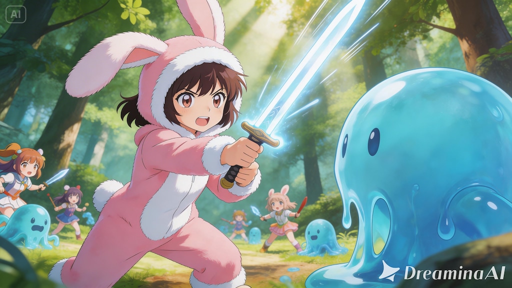 【All0420a】突然、様々な色のスライムが大量に現れて激しい戦闘となった！（モデル: Seedream 5.0）