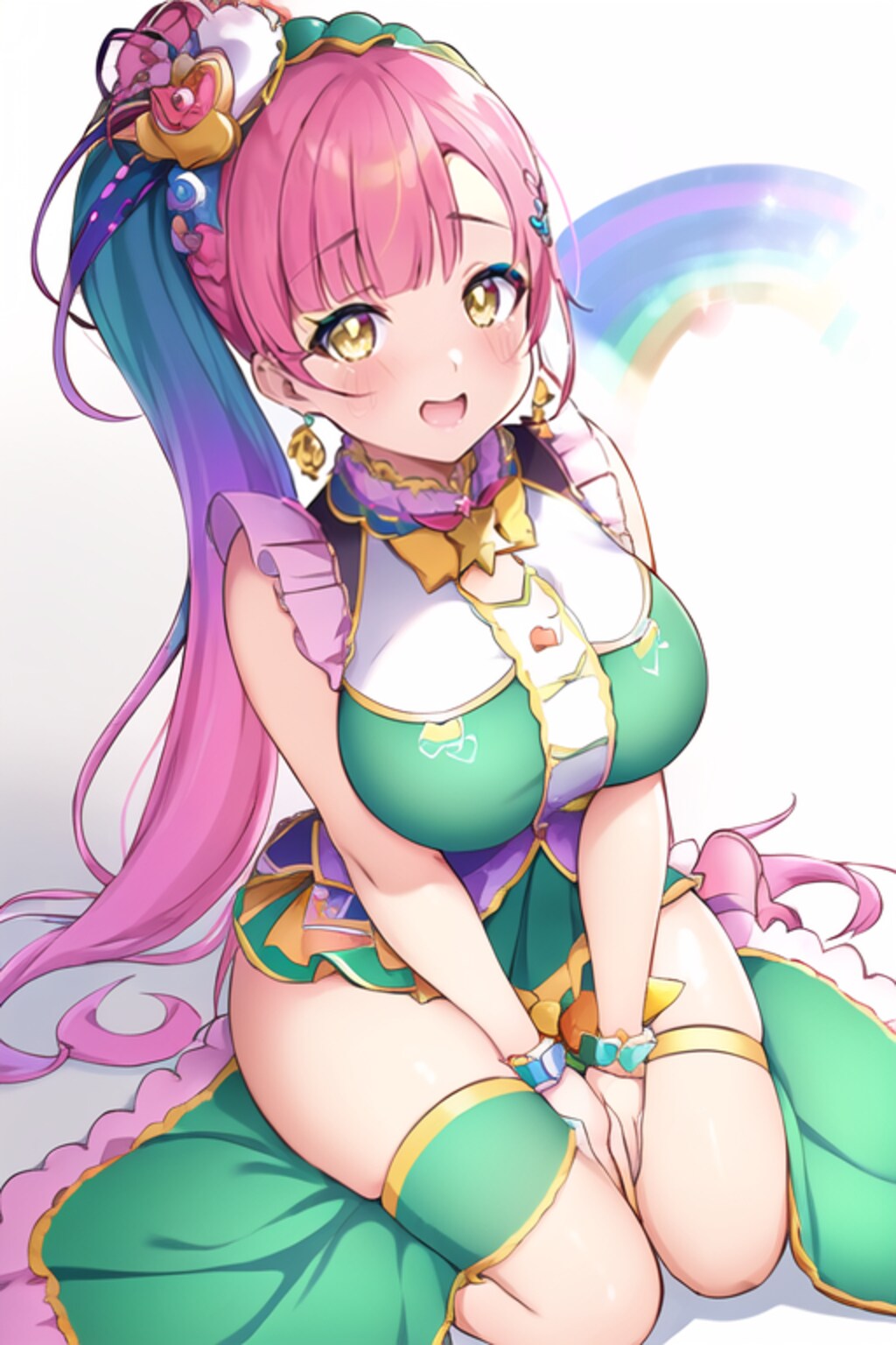 桃色、シンプル、虹、女の子座り