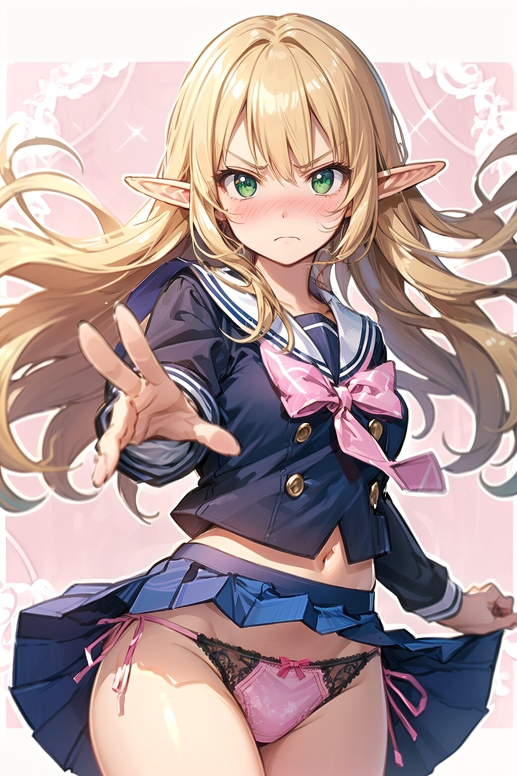 決めポーズ中に風に吹かれたエルフちゃん