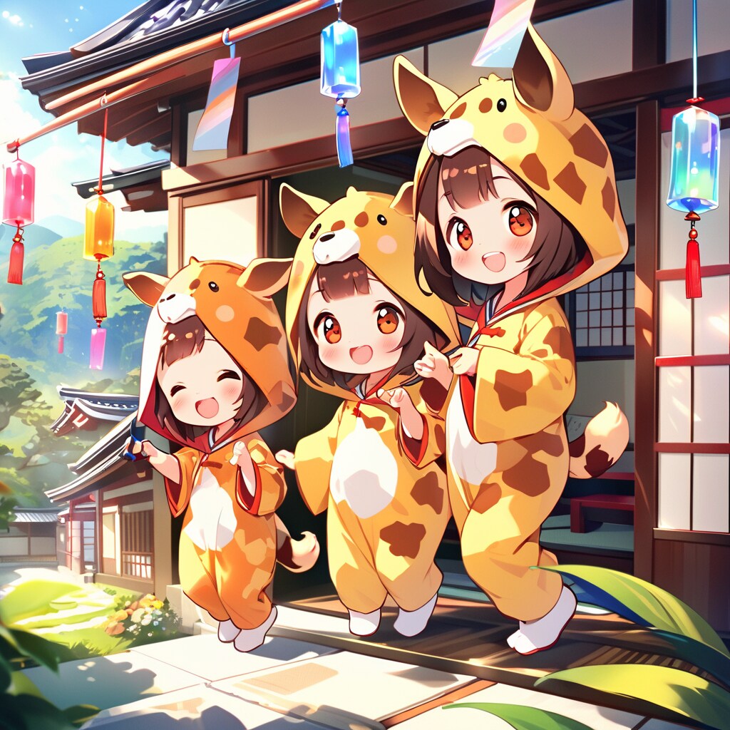 風鈴とキリン着ぐるみちび子ちゃん