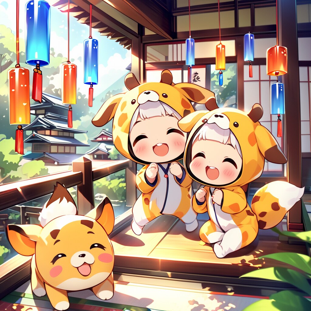 風鈴とキリン着ぐるみちび子ちゃん