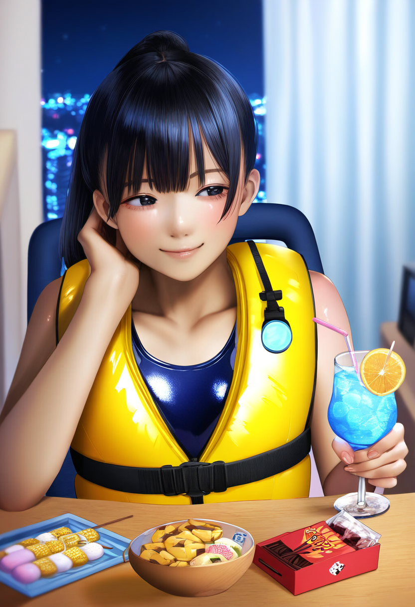スク水とライフジャケットを着てバカンス気分を味わう彼女