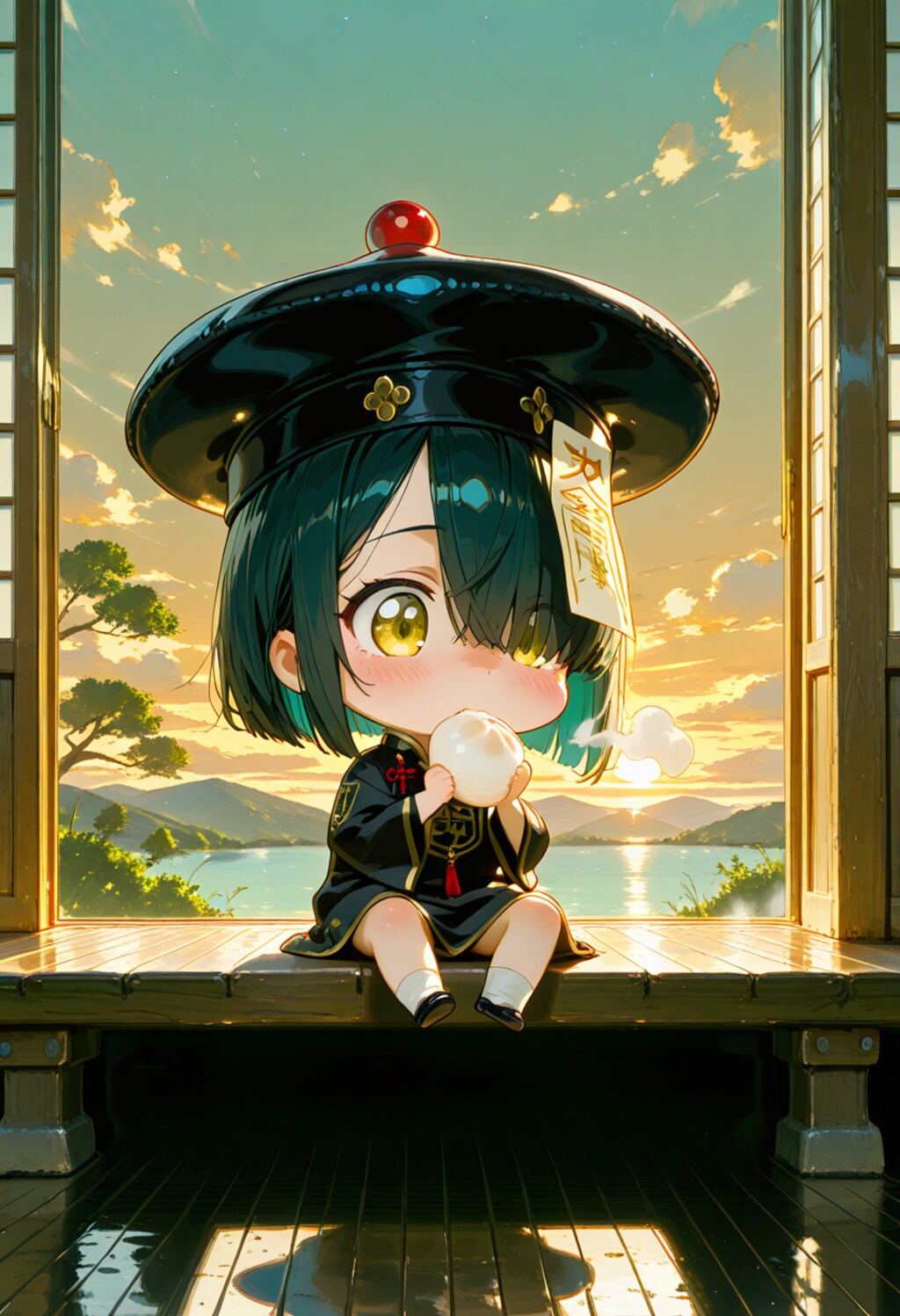 ちびキョンシー、肉まんをほおばる