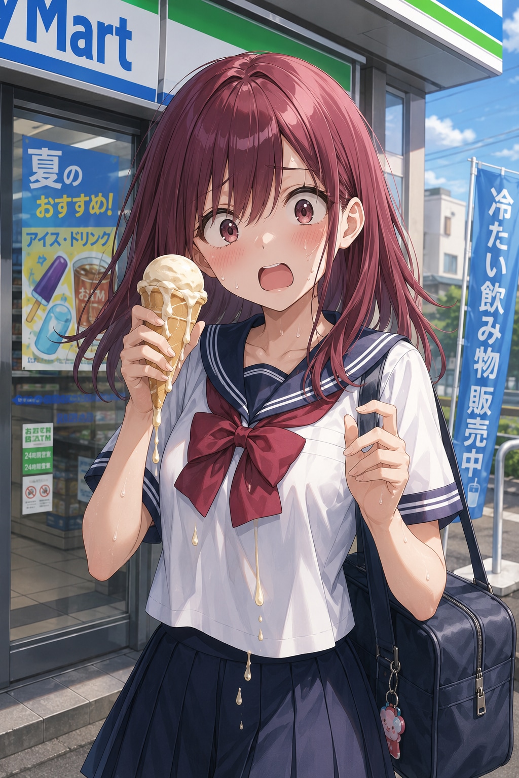 どっかで見たようなデザインのコンビニで買ったアイスが溶けてる女の子