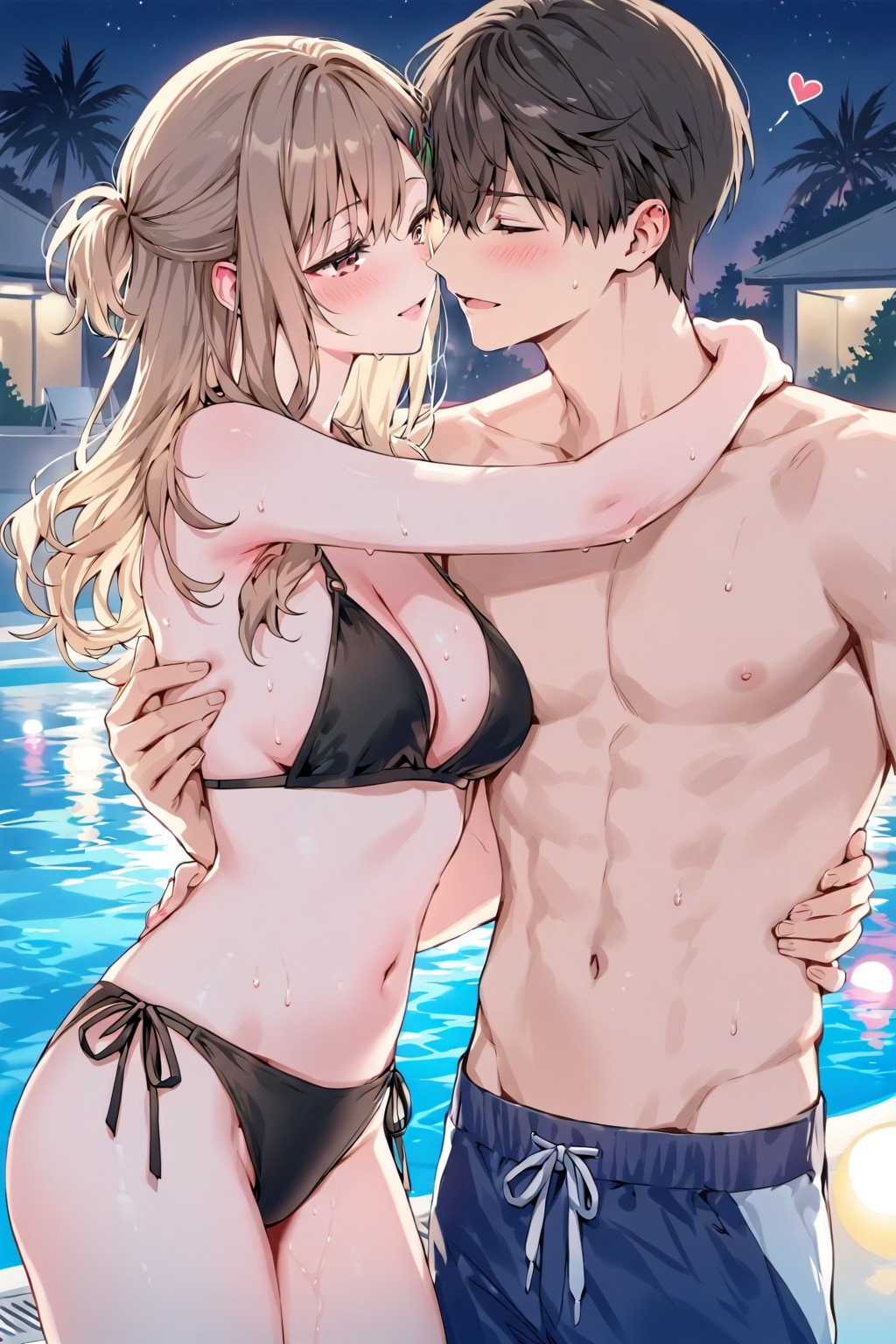 プールサイドでイチャつく美男美女カップル