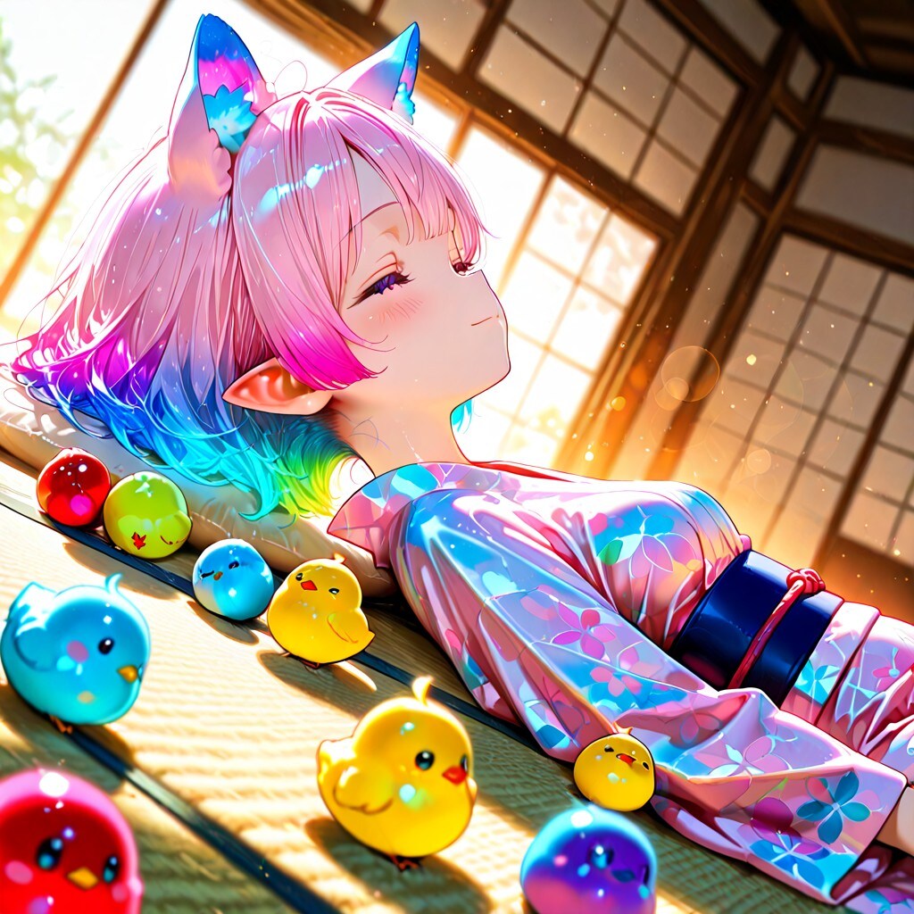 4枚）カラーヒヨコとケモ耳エルフさん