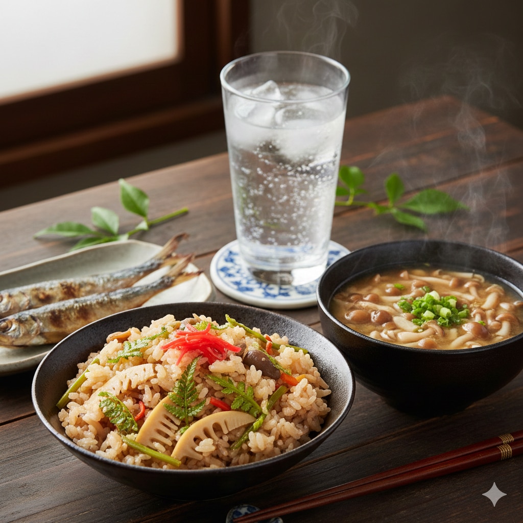 【朝食】山菜おこわ、なめこ味噌汁、めざし、水