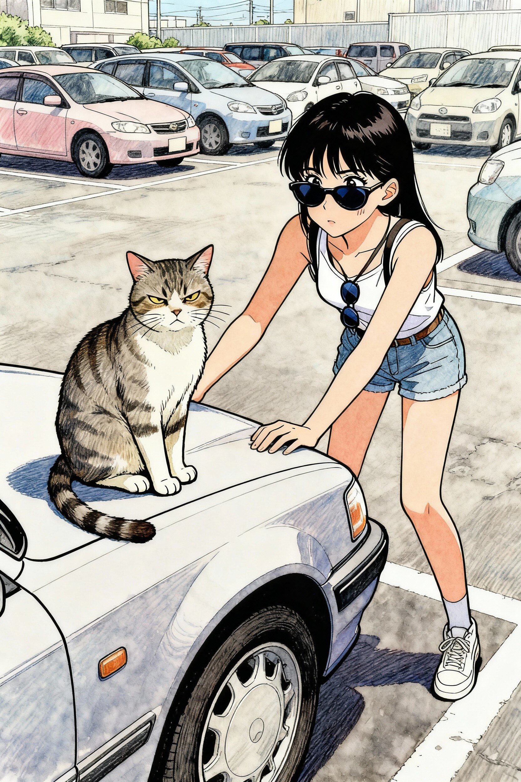 Seedream. 出かけた駐車場でボンネットに猫がのっていた夏の日 | の人気AIイラスト・グラビア