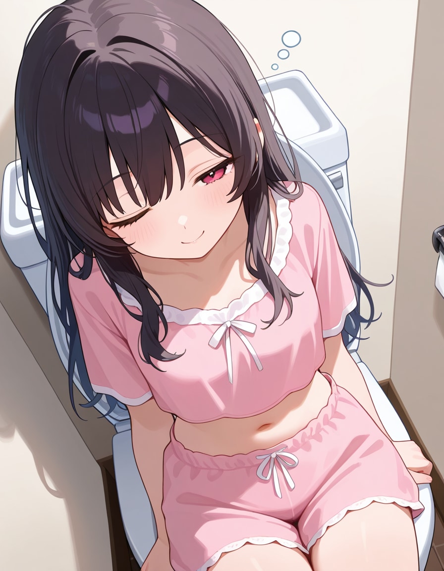 トイレで寝ぼけた状態でウインクしている