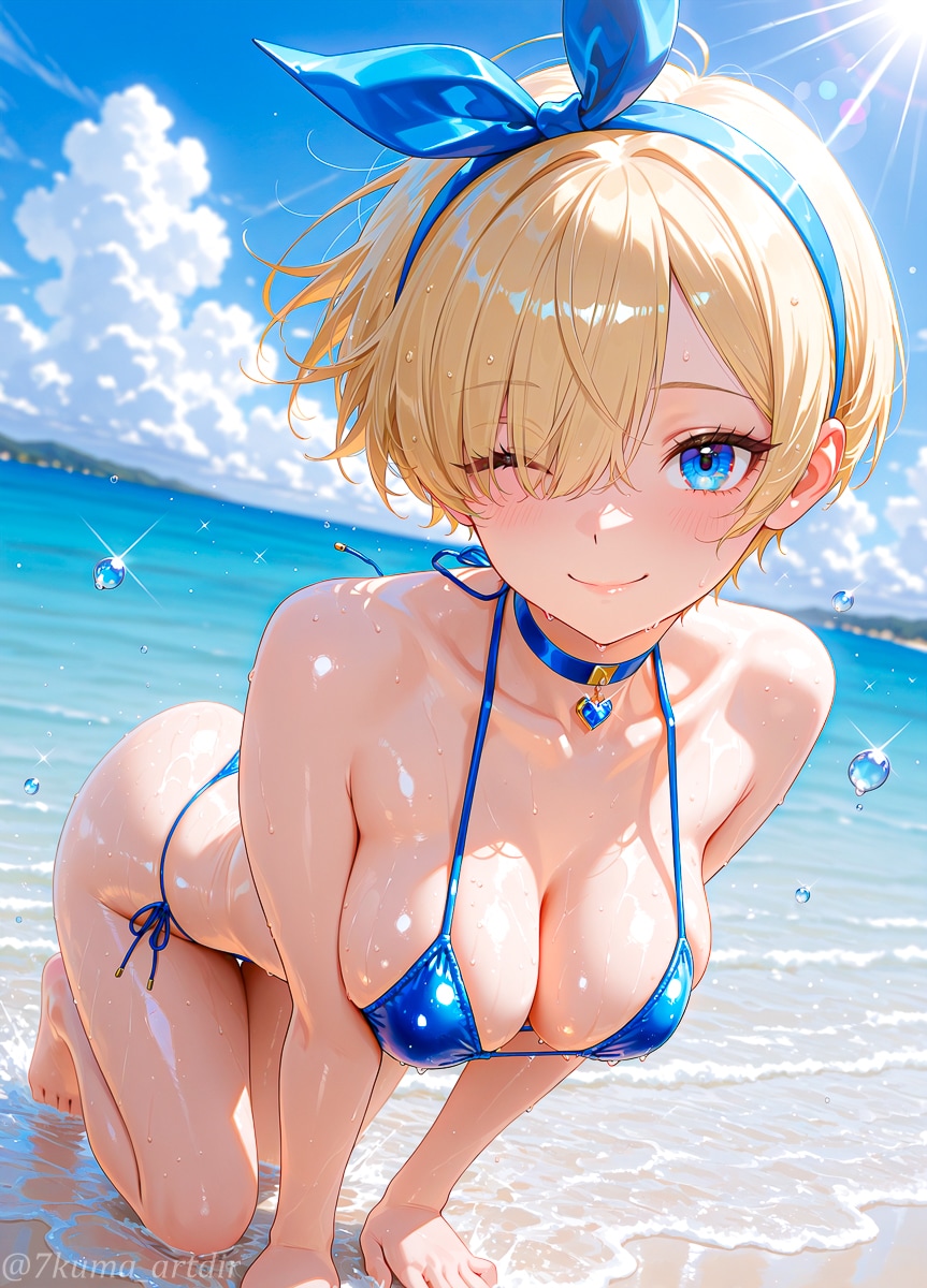チョーカー水着の金髪のお姉さん
