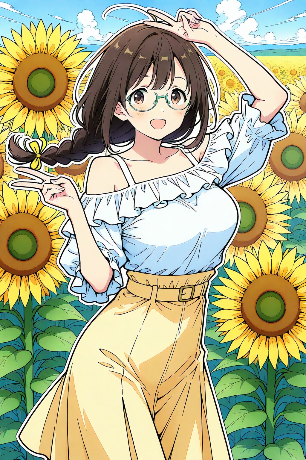 ひまわり畑でピースして