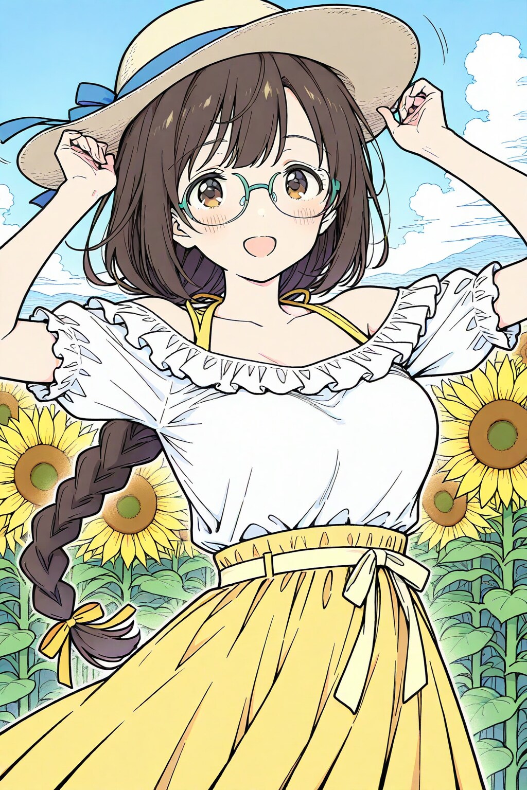 ひまわり畑でピースして