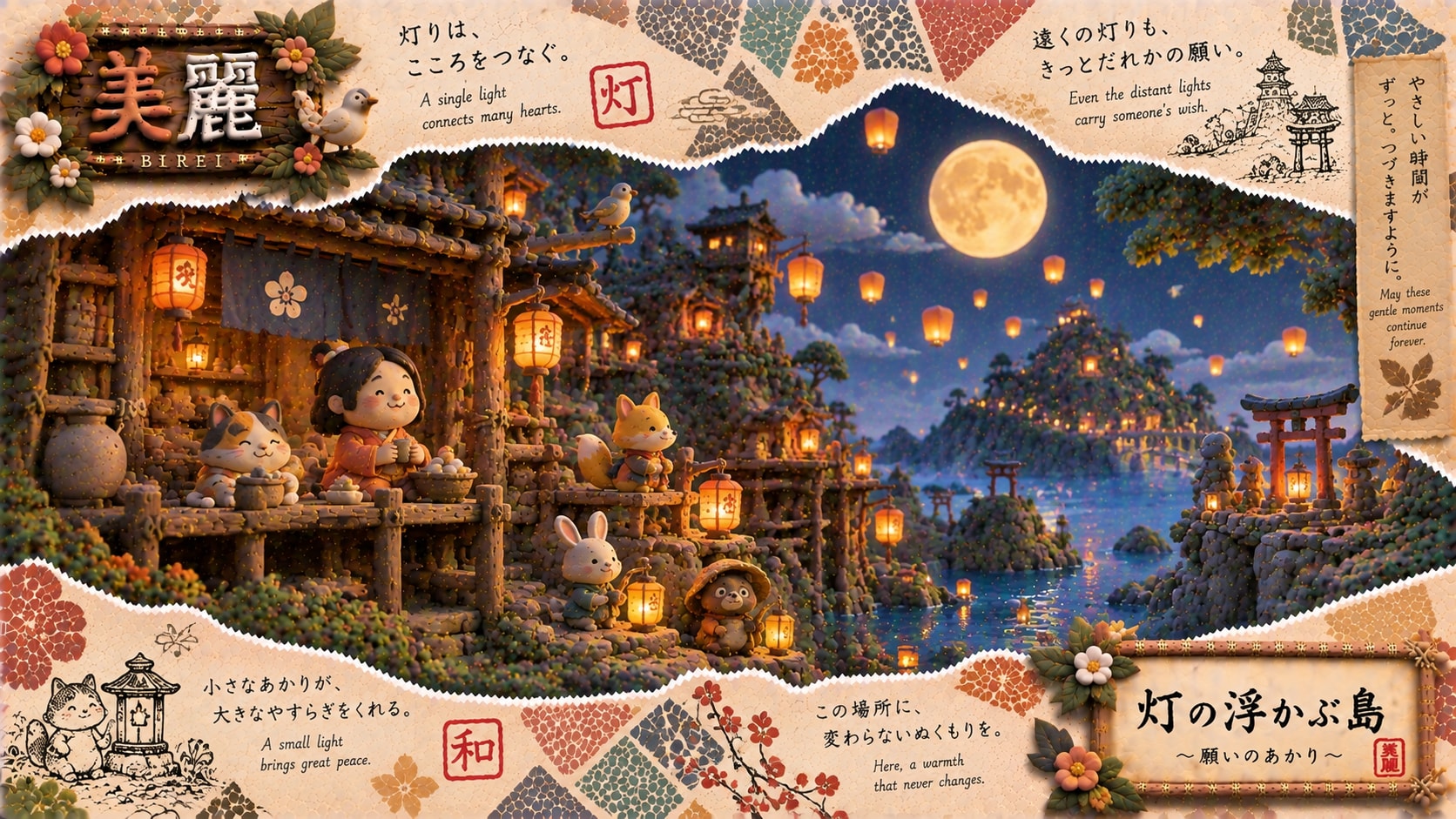 A single light, drifting up to meet the moon.  A single light connects many hearts. Even the distant | の人気AIイラスト・グラビア