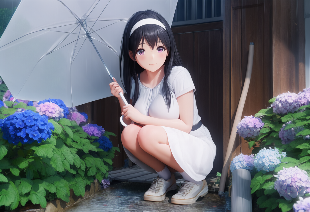 傘をさしてしゃがむ女性