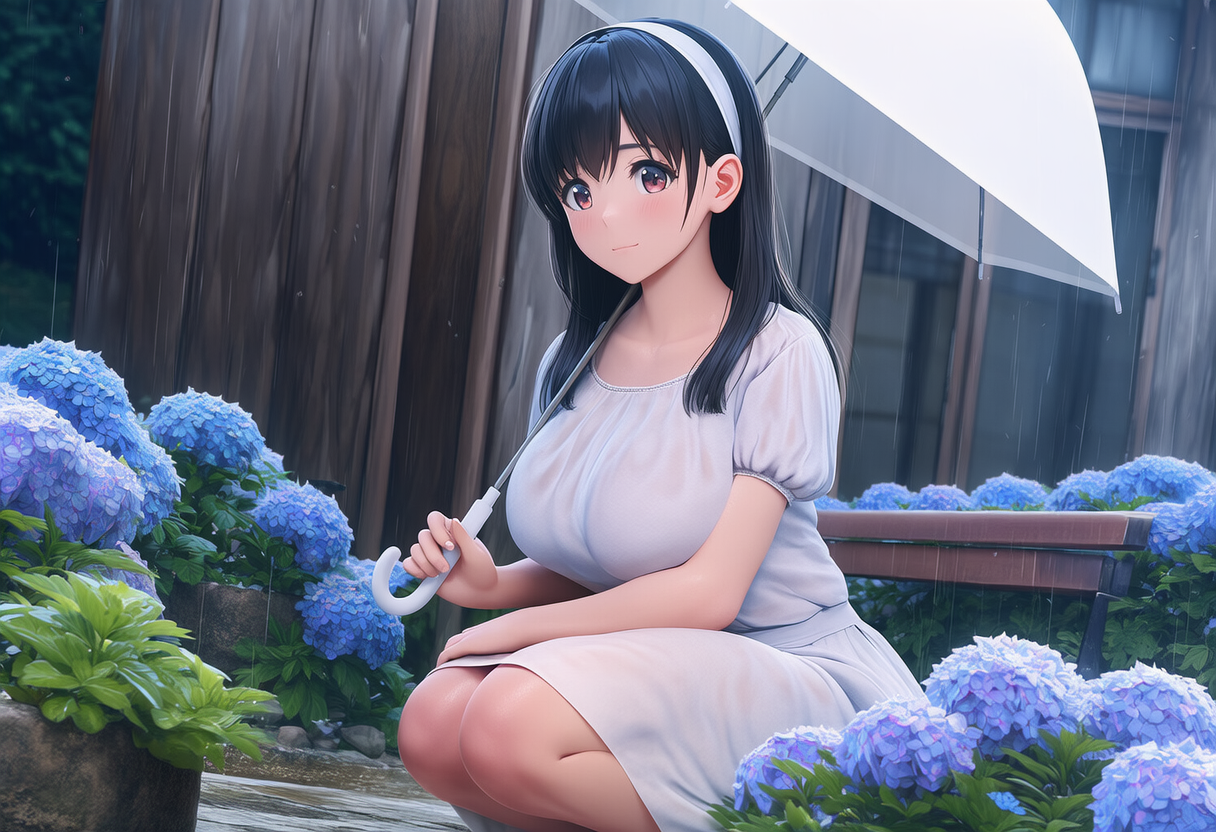 傘をさしてしゃがむ女性