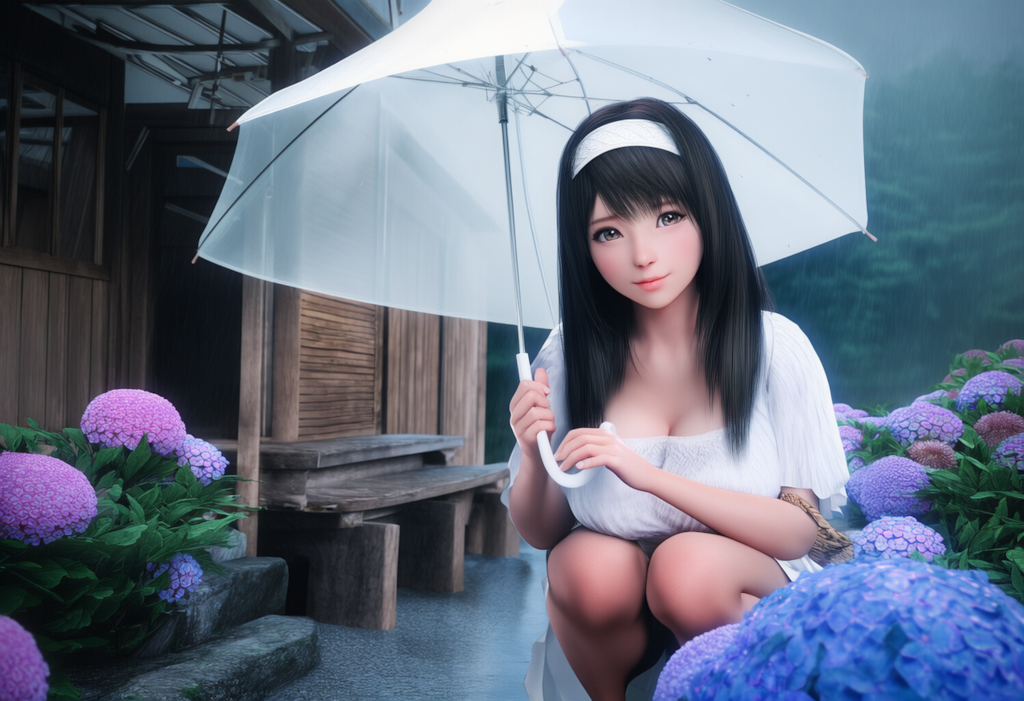 傘をさしてしゃがむ女性