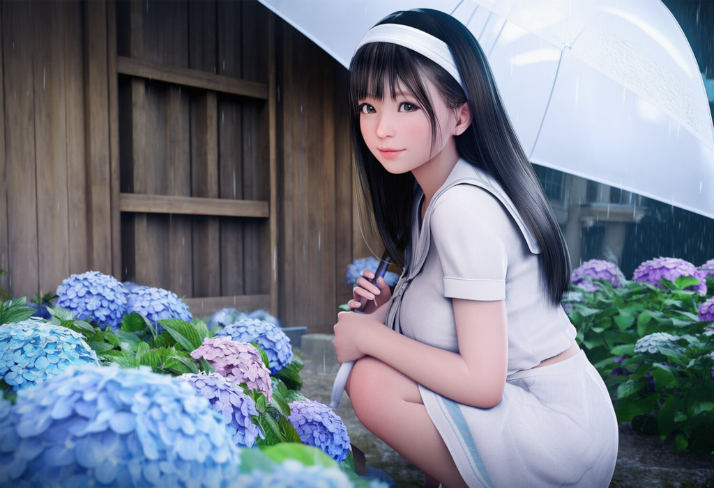 傘をさしてしゃがむ女性