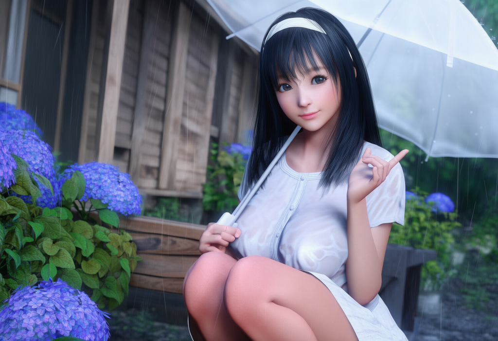 傘をさしてしゃがむ女性