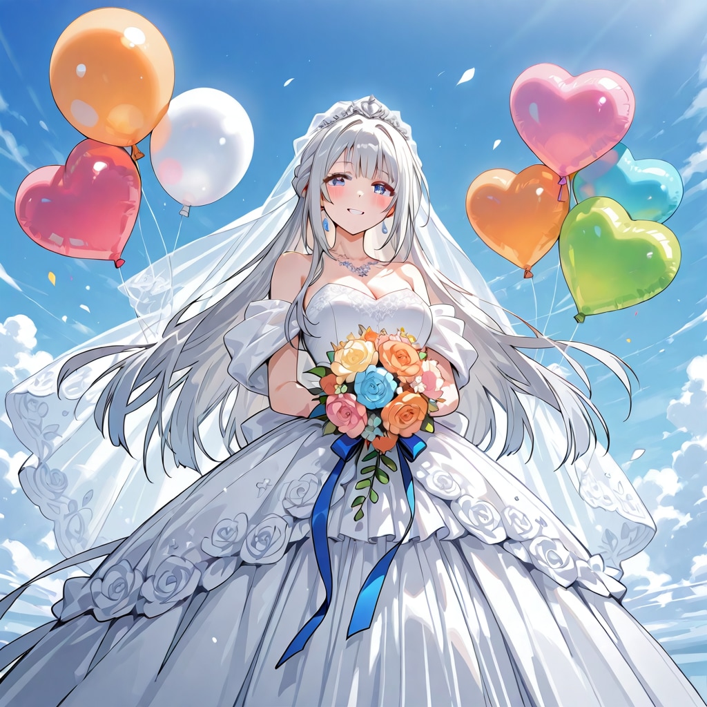 いっぱい色とりどりの風船を持つ銀髪ロングのウェディングドレス着た美女 | の人気AIイラスト・グラビア