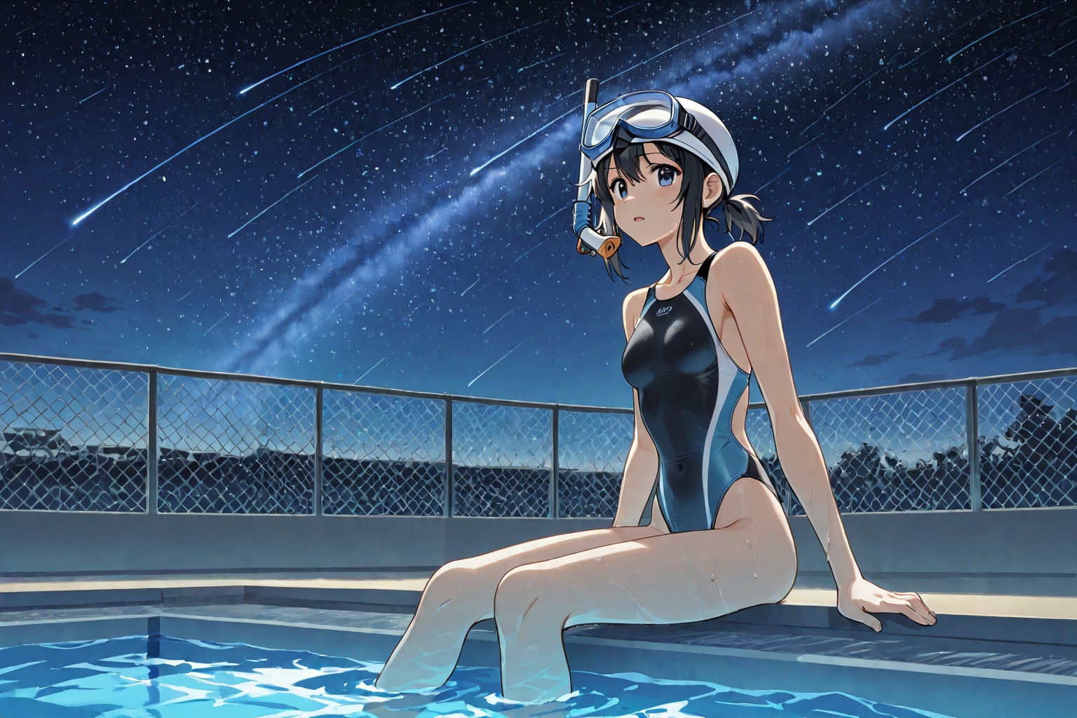 学校のプールで流星群を眺める競泳水着の少女お