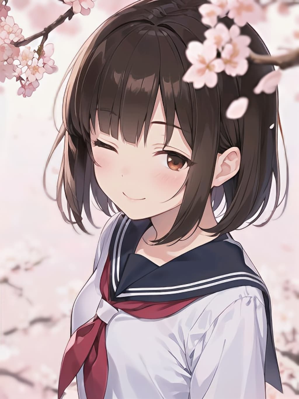 桜とショートヘアの女の子