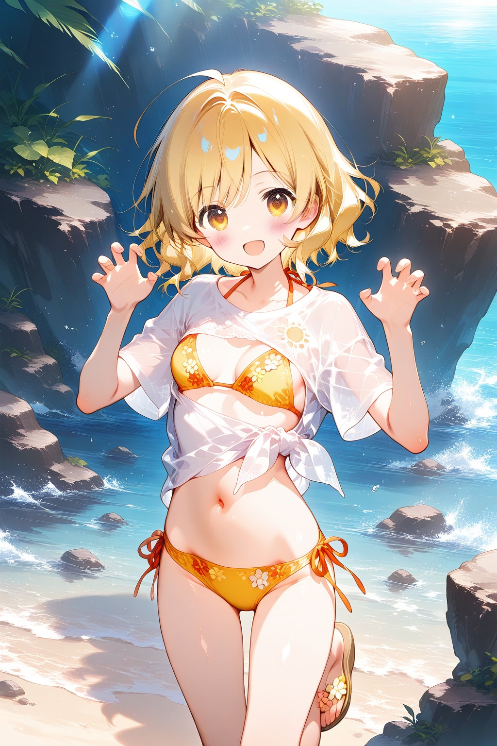 水着でガオーポーズをする黄島ユイ