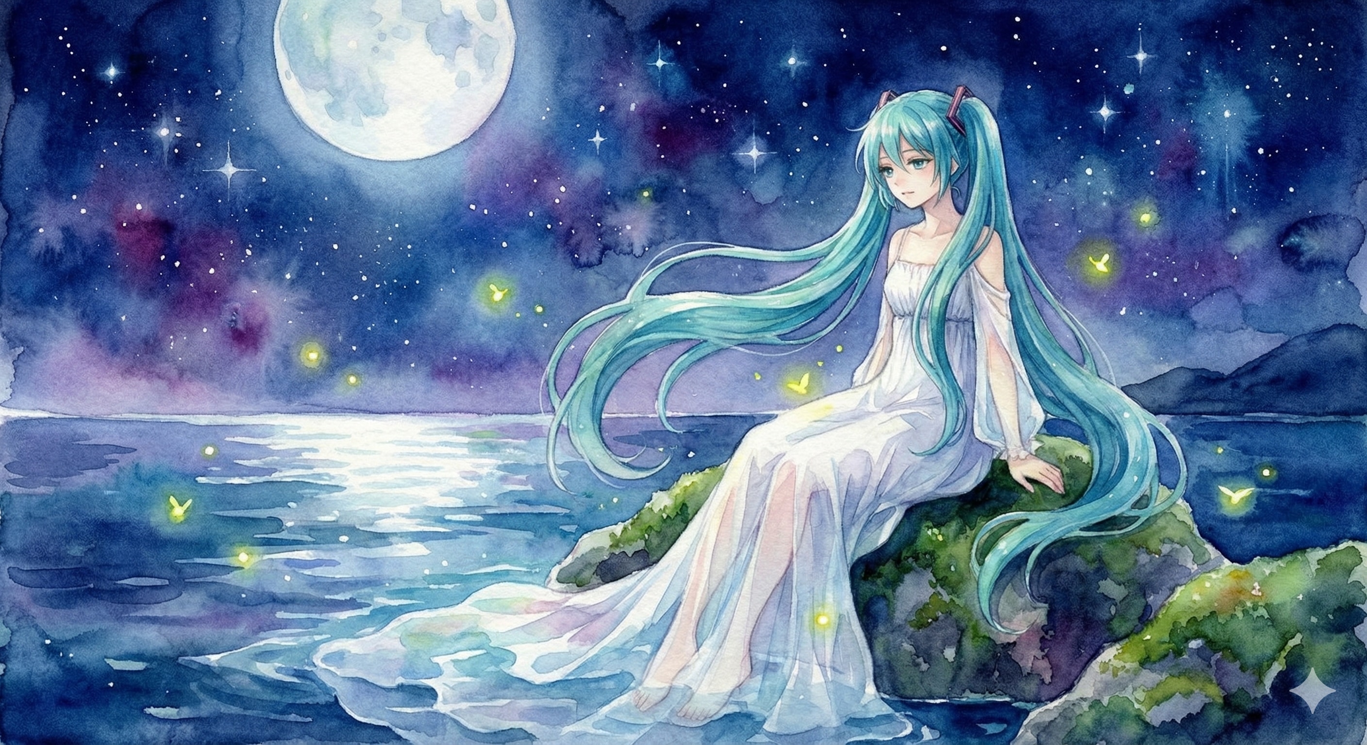 水彩画ミクさん　静寂の青に溶ける歌姫 | の人気AIイラスト・グラビア