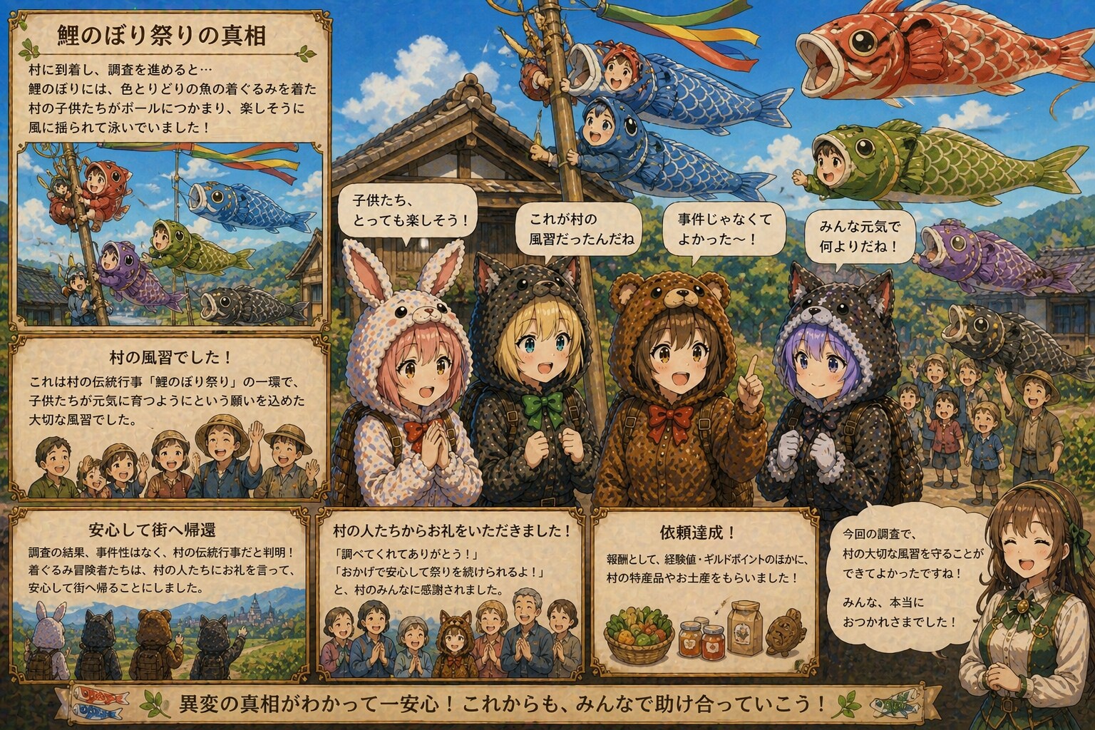 【All0503c】村に到着し鯉のぼりを調査すると、村の子供達が魚の着ぐるみを着る風習の祭りだった、問題なさそうなので街に帰ることにした。（ChatGPT） | の人気AIイラスト・グラビア