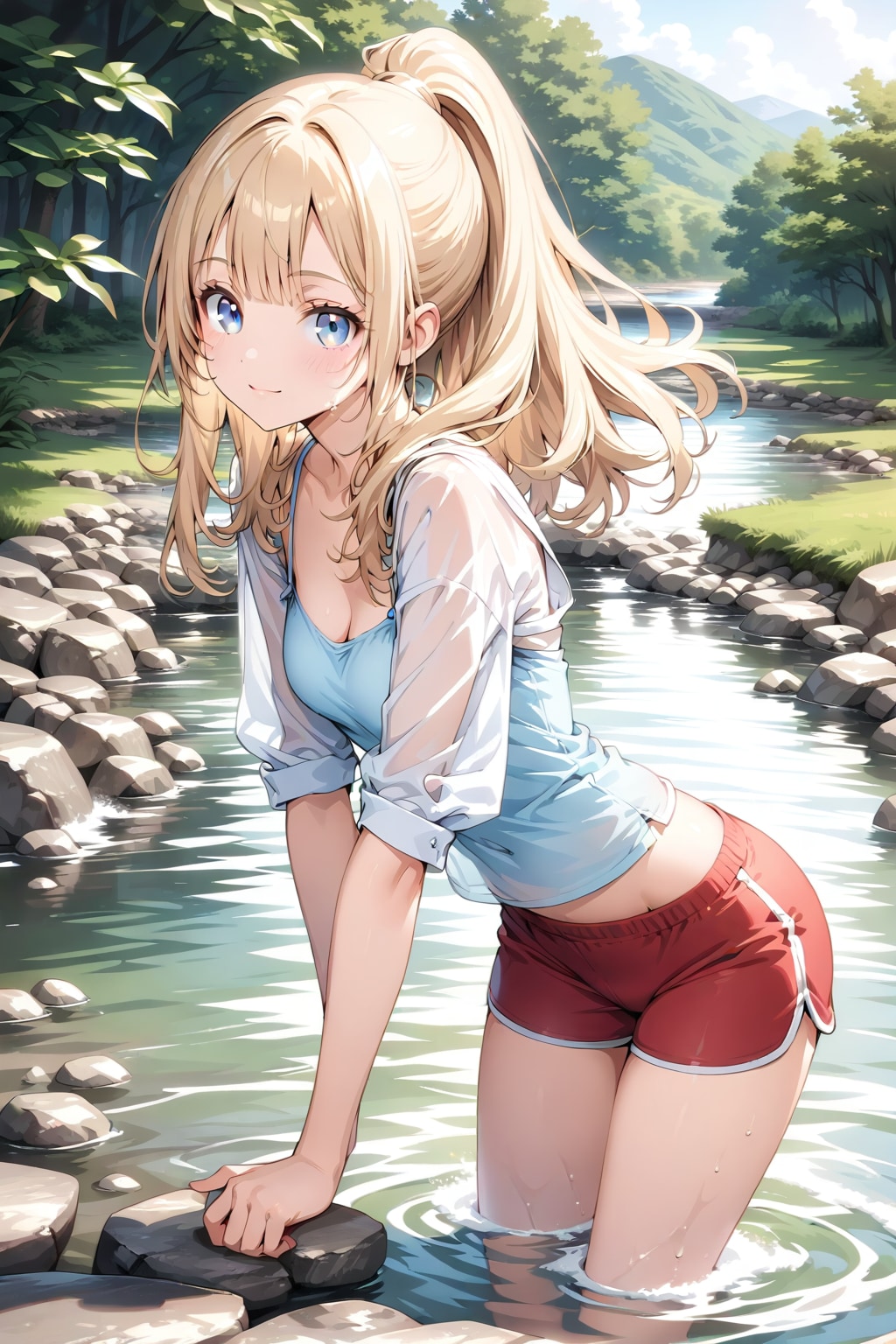 小川での水遊び