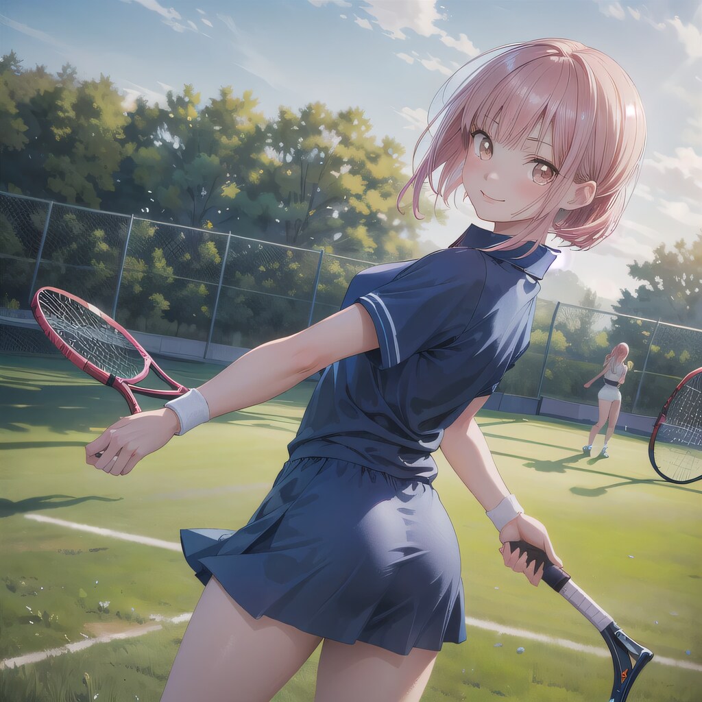 ピンク髪ボブでテニスウェアの少女３