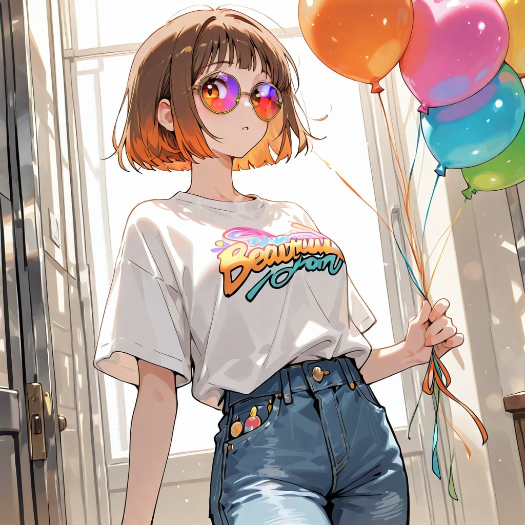 いっぱい色とりどりの風船を持つブラウンショートカットのメガネかけた白いTシャツジーパン着た美女