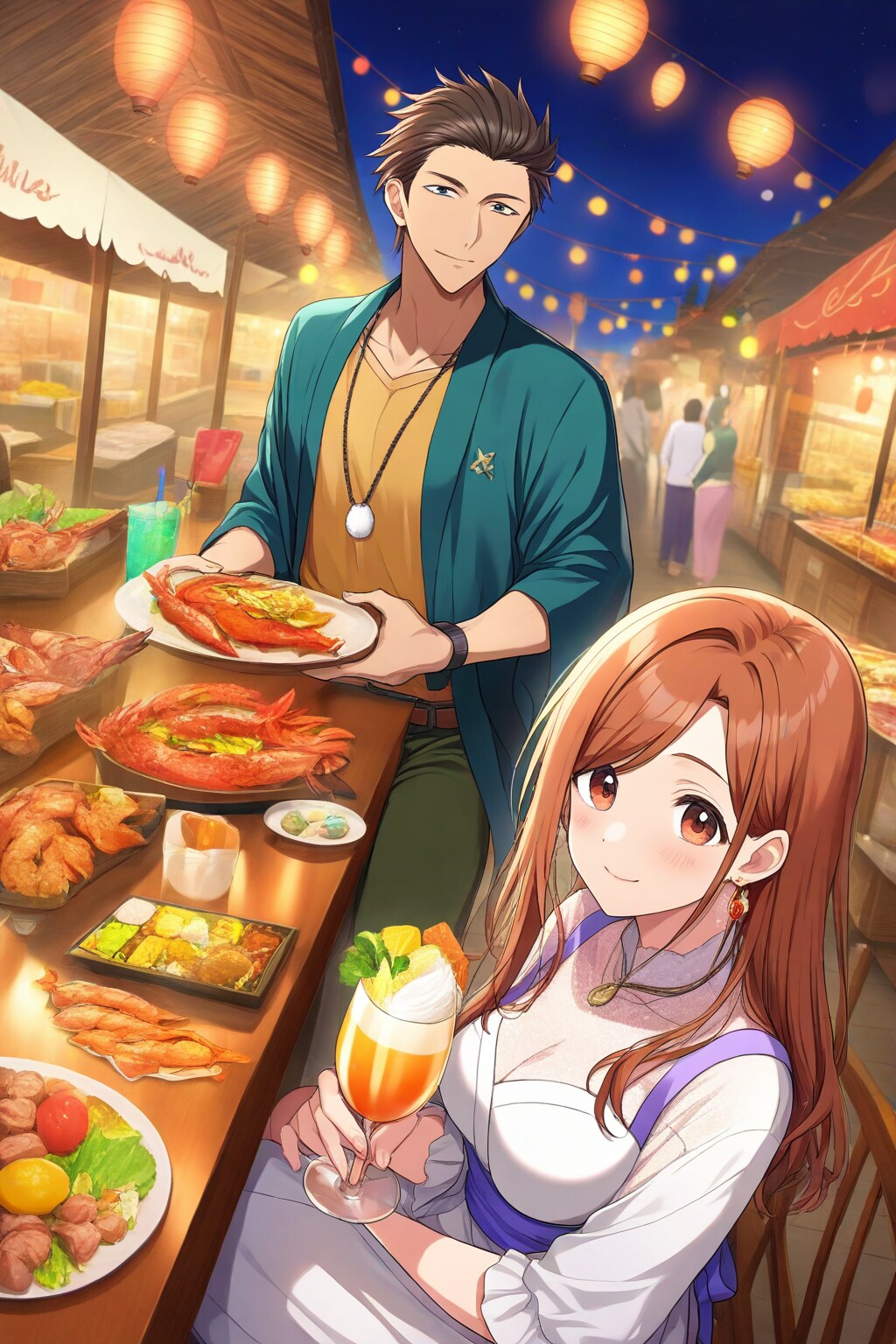 海産物料理の並ぶ市場