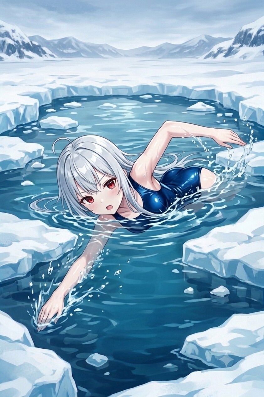 スク水で寒中水泳するアイちゃん