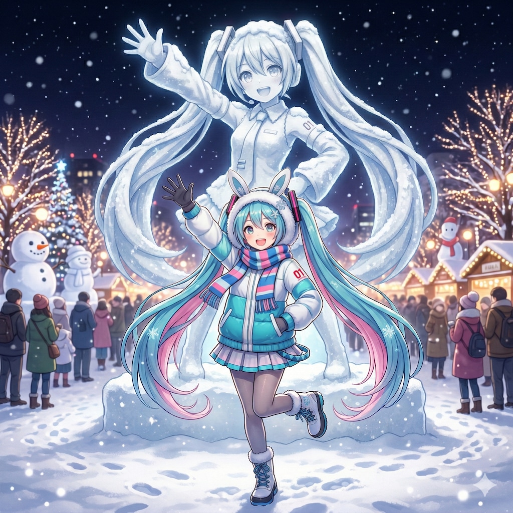 ミクさん自分の雪象の前で🎶