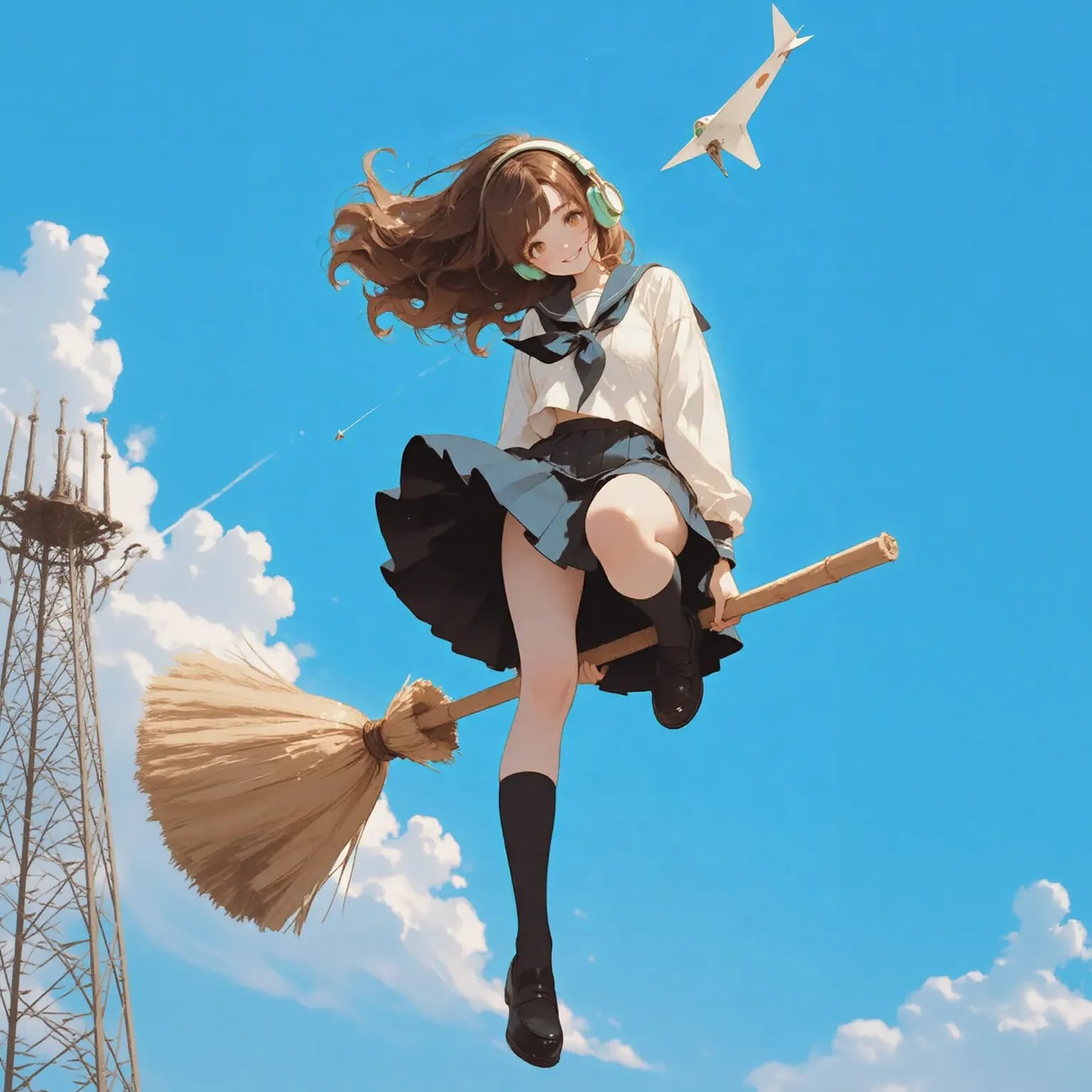 【魔法の箒】「風でスカートが…」 | の人気AIイラスト・グラビア