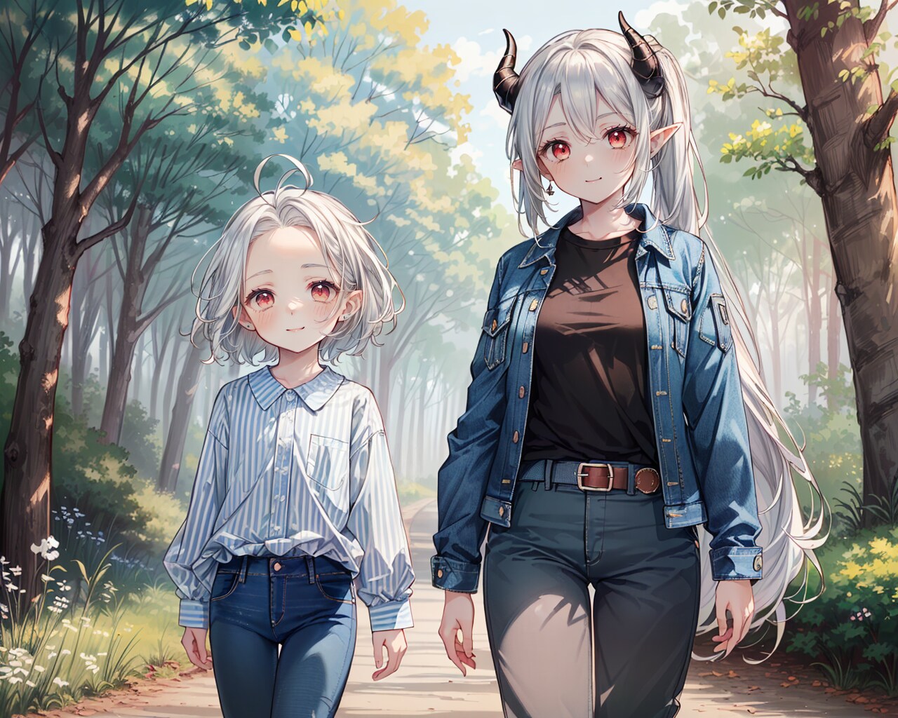 カジュアルな装いで散歩する華憐嬢と銀髪竜姫