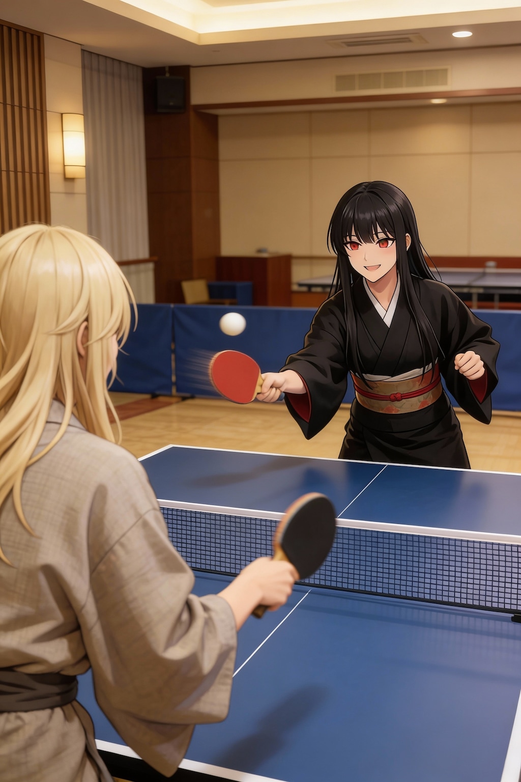 卓球を楽しむエリザベスとツバキさん