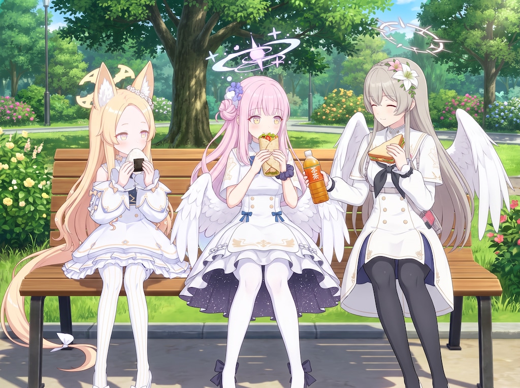 公園で食事をするティーパーティーの3人