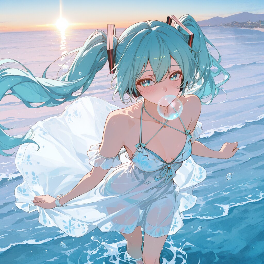 夕暮れ時の浜辺にミクさん　APRICOT