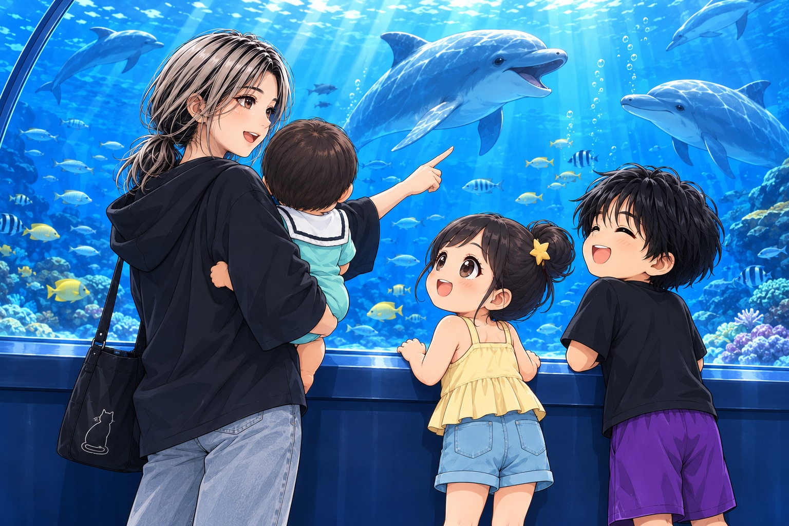 親戚のキッズと水族館♪（クール、ちびちゃん、ちびとぅりお、赤ちゃん） | の人気AIイラスト・グラビア