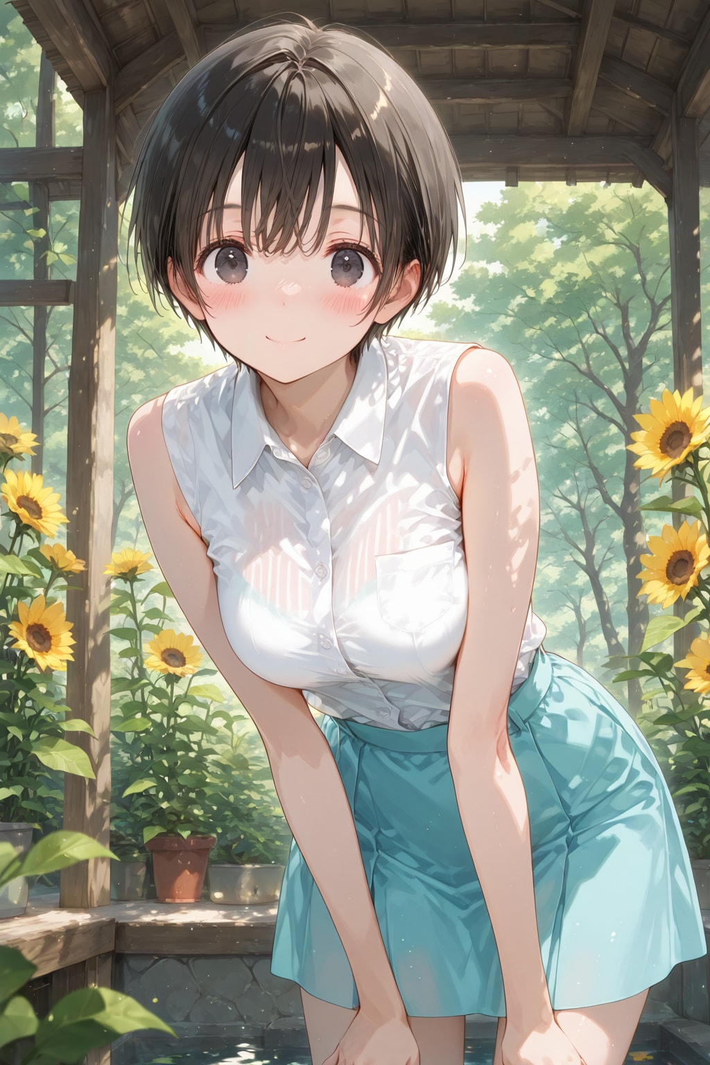 ひまわりが咲く森の泉のあずま屋