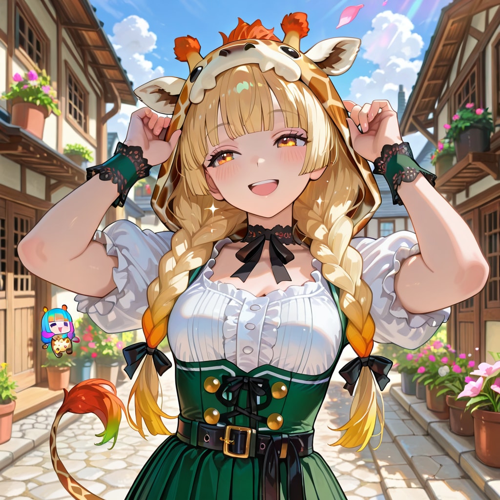 石造りの街並みとキリンフーディーお姉さんと背景の謎ちび子ちゃん | の人気AIイラスト・グラビア