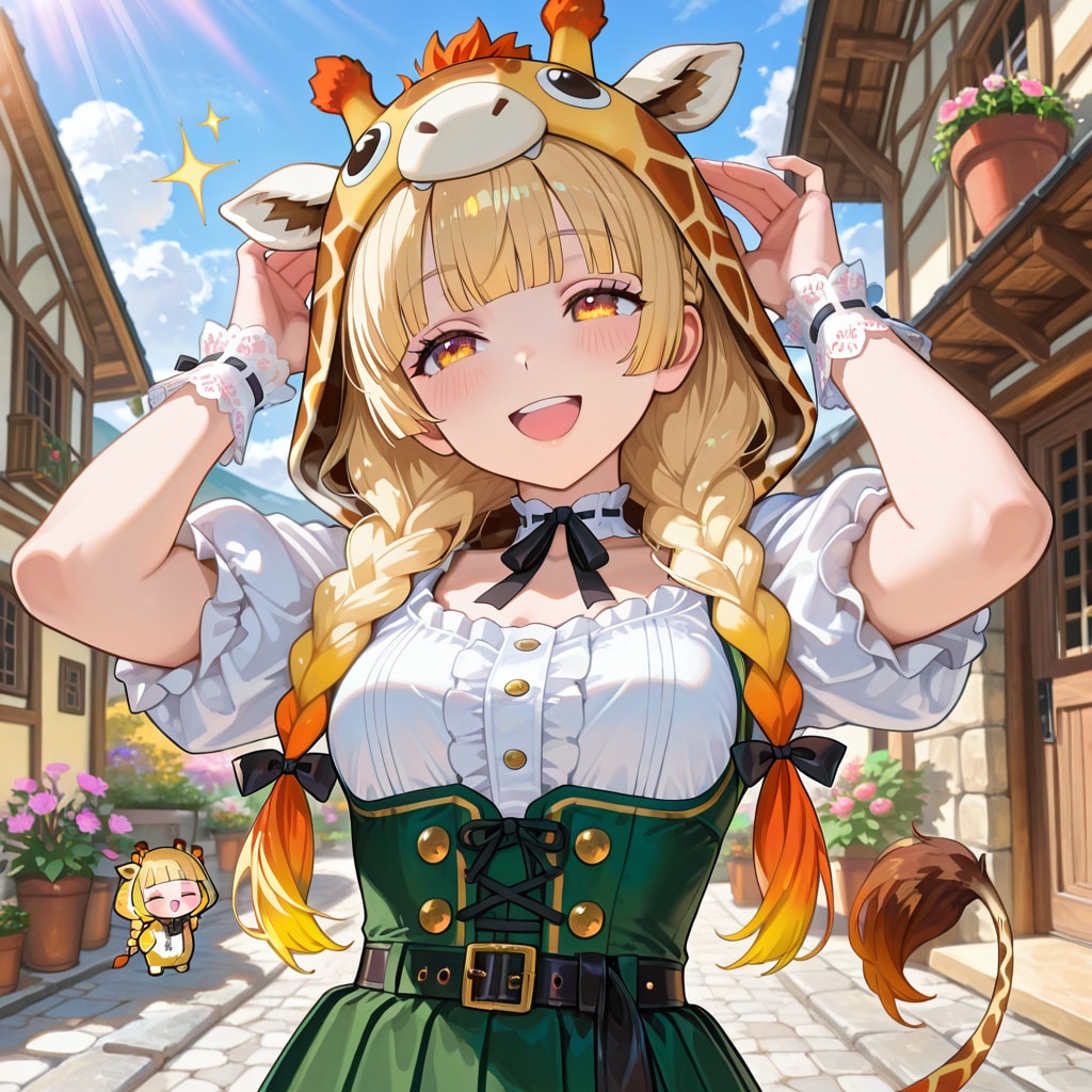 石造りの街並みとキリンフーディーお姉さんと背景の謎ちび子ちゃん